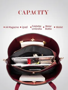Deep burgundy leather tote bag with large capacity showing interior space and essentials