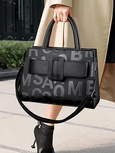 Large Capacity Women PU Leather Tote Bag Letter Print Embossed Large Square Buckle Decor Commuter Shoulder Handbag Fashion Purse