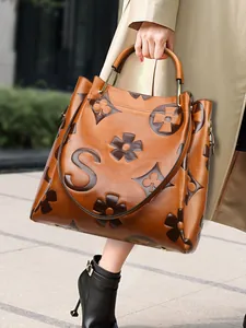 Vintage Embossed Letter Floral Pattern Large Capacity PU Leather Tote Bag For Women Fashion Commuter Shoulder Handbag
