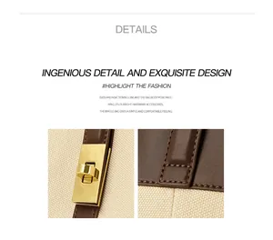 Detail of golden metal clasp and premium stitching on beige canvas tote bag