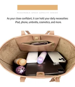 Top view of spacious tote bag interior with zipper pocket showing daily essentials and iPad