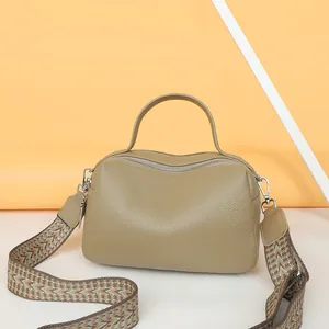 Women Genuine Leather Crossbody Bag Fashion Pebble Grain Shoulder Bag With Wide Woven Strap Large Capacity Boston Pillow Bag