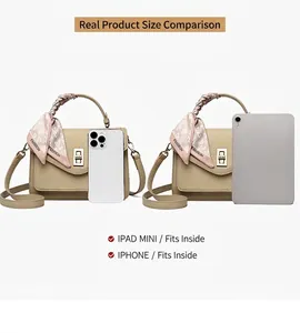 Detaillierter Größenvergleich der khakifarbenen Lederhandtasche mit iPad mini und Handy