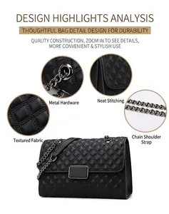 Detalle del bolso bandolera acolchado negro con hebilla de metal y cadena
