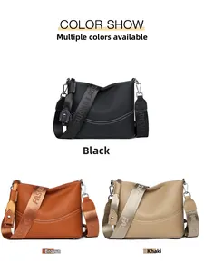 Three large capacity leather crossbody bags shown in black, brown, and khaki colors