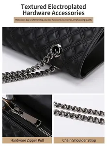 Detalle de herrajes plateados y textura de cuero acolchado de un bolso negro