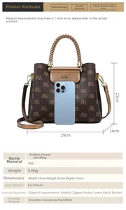 Detailed size comparison of printed PVC tote bag with smartphone and internal structure