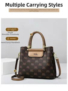Detail of printed tote bag with adjustable strap and metallic branded closure