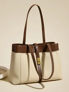 Women Large Capacity Canvas PU Leather Tote Bag Color Block Design Shoulder Bag Metal Turn Lock Commuter Handbag