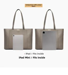 Macro detail of large grey leather tote bag texture and capacity comparison for iPads