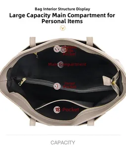 Internal layout of large tote bag with main compartment, side pockets and gold zipper