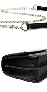 Details einer schwarzen Leder-Umhängetasche mit Kettenriemen und Akkordeon-Falten-Struktur