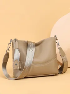 Women's Genuine Cowhide Leather Crossbody Bag Large Capacity Lychee Texture Shoulder Bag With Wide Fabric Strap Bucket Bag
