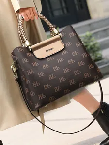 Women Monogram Tote Bag Large Capacity PU Leather Handbag Braided Handle Gold Hardware Elegant Commuter Shoulder Bag