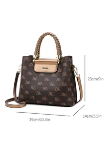 Brown monogram tote bag with braided handles and adjustable strap for women