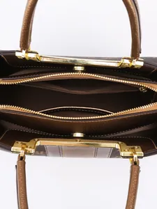 Retro large tote bag with brown monogram leather and organized gold zipper compartments