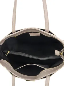 Minimalist taupe pebbled leather tote bag with spacious interior and gold zipper hardware