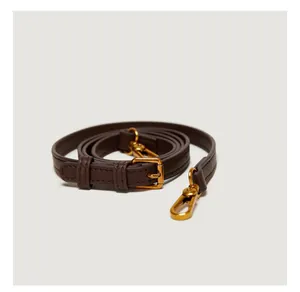 Detail of dark brown leather handbag strap with antique gold metal buckle and stitching
