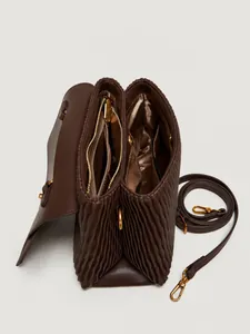 Deep brown pleated tote bag with multiple compartments and gold hardware detail