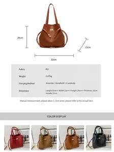 Minimalist large capacity PU leather bucket bag with dimensions and size chart info