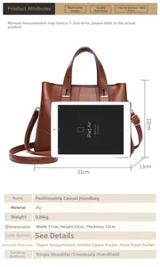 Detailed size guide and specifications for large capacity PU leather tote handbag