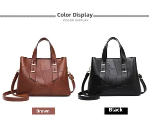 Dual-color display of brown and black tote bags with geometric stitching and metal buckle