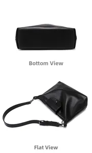 Detailed bottom view and flat lay of black soft leather tote bag with adjustable strap