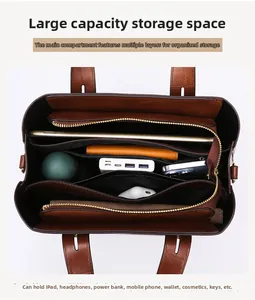Detail view of large capacity tote bag with organized internal multi-layer compartments