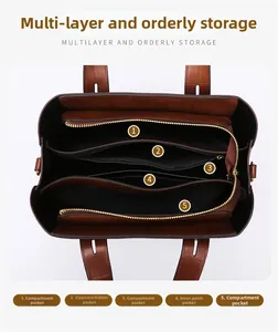 Deep brown tote bag detail showing five functional internal compartments and golden hardware