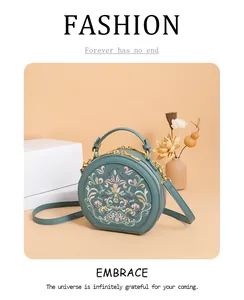 Detail view of vintage floral embroidery and golden dual zippers on teal circular bag