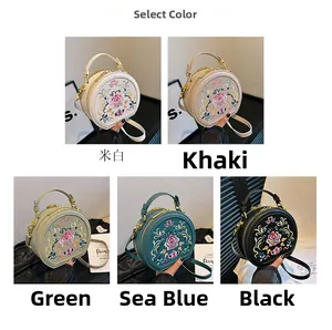 Detailed view of traditional embroidery patterns on colorful circular crossbody handbags