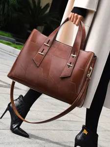 Women Large Capacity PU Leather Tote Bag Geometric Patchwork Urban Minimalist Handbag With Adjustable Shoulder Strap Daily Work Fashion
