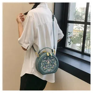 Detail of elegant round crossbody bag featuring intricate floral embroidery and gold hardware