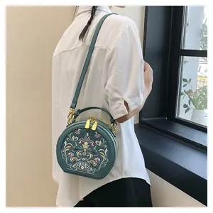 Detail of dark green round crossbody bag with floral embroidery and gold hardware