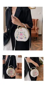 Detailed close-up of Chinese floral embroidery on white leather round crossbody handbag