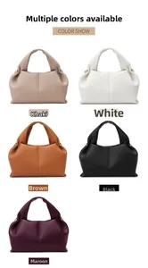 Detail showing five colors of leather cloud handbags in khaki white brown black and purple