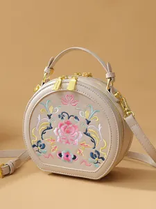 Women Chinese Style Floral Embroidery Circular Handbag Faux Leather Round Box Crossbody Bag Retro Top Handle Purse
