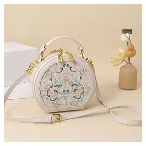 Detail view of cream crossbody bag with floral embroidery and gold zipper hardware