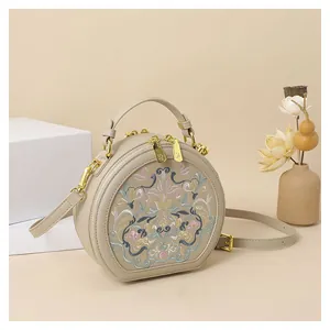 Close-up of intricate floral embroidery and gold hardware on beige round crossbody bag