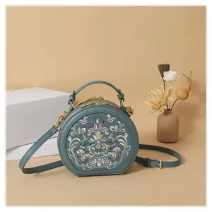 Close-up of intricate floral embroidery and golden hardware on round crossbody bag