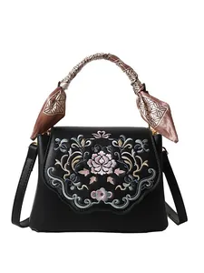 Black embroidery floral crossbody bag with silk scarf handle and adjustable strap