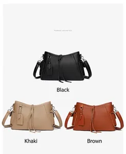 Detailed comparison of leather shoulder bags in black, khaki, and brown with tassels