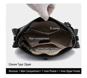 Interior view of black leather tote bag with zipper pockets and spacious compartments