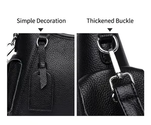 Detail of black lychee leather bag featuring simple decoration and thickened silver hardware