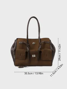 Bolso tote de ante marrón gran capacidad con asas de cuero liso para mujer elegante