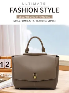 Detail of elegant taupe handbag showing smooth leather texture and gold teardrop twist lock