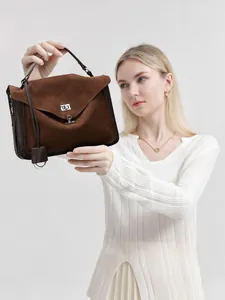 Retro Suede Genuine Leather Satchel Bag For Women Large Capacity Messenger Handbag With Metal Lock Square Crossbody Bag