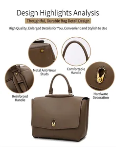 Detail view of brown tote bag featuring hardware lock, handle reinforcement, and base studs
