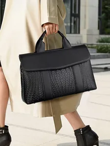 Large Capacity PU Leather Woven Handbag For Women Vintage Litchi Pattern Top Handle Shoulder Crossbody Commuter Bag
