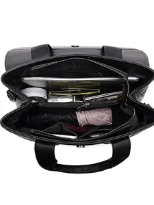 Large capacity black textured leather tote bag with spacious interior compartments